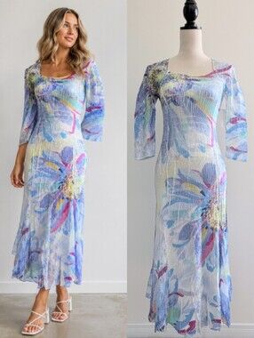 NWT Komarov Lace Sleeves Charmeuse & Chiffon Floral Pleated Midi Summer Dress